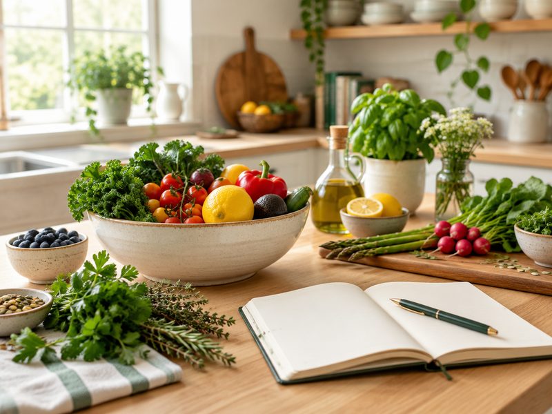 Bright home test kitchen with fresh produce and an open notebook