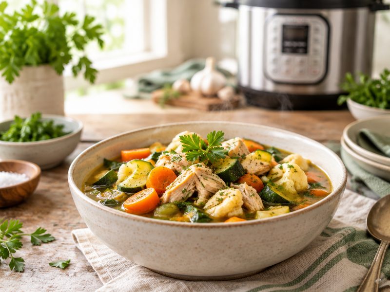 Steaming bowl of comforting keto stew with an Instant Pot behind it
